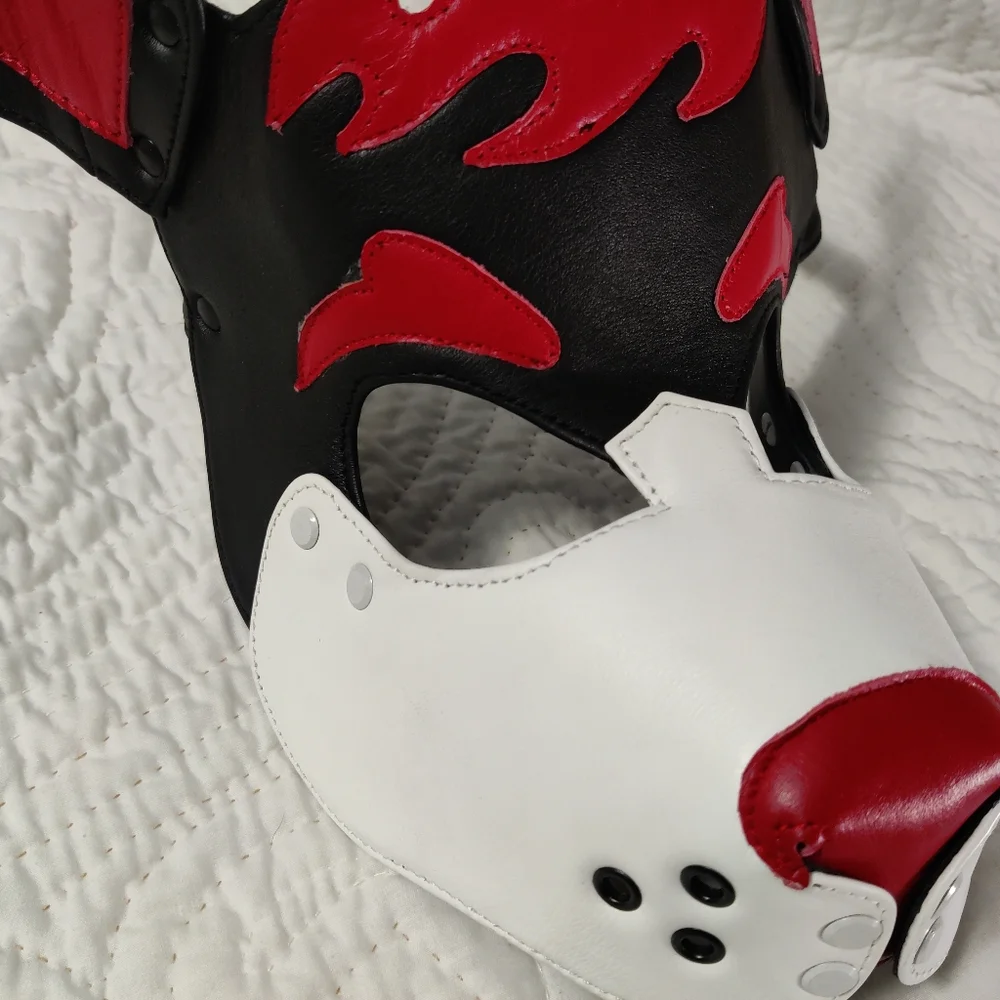 Adult Size Pup/Dog Mask Red, White, Black, Handmade Leather